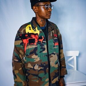 True Religion Camouflage Bomber Jacket with Red and Yellow Accents